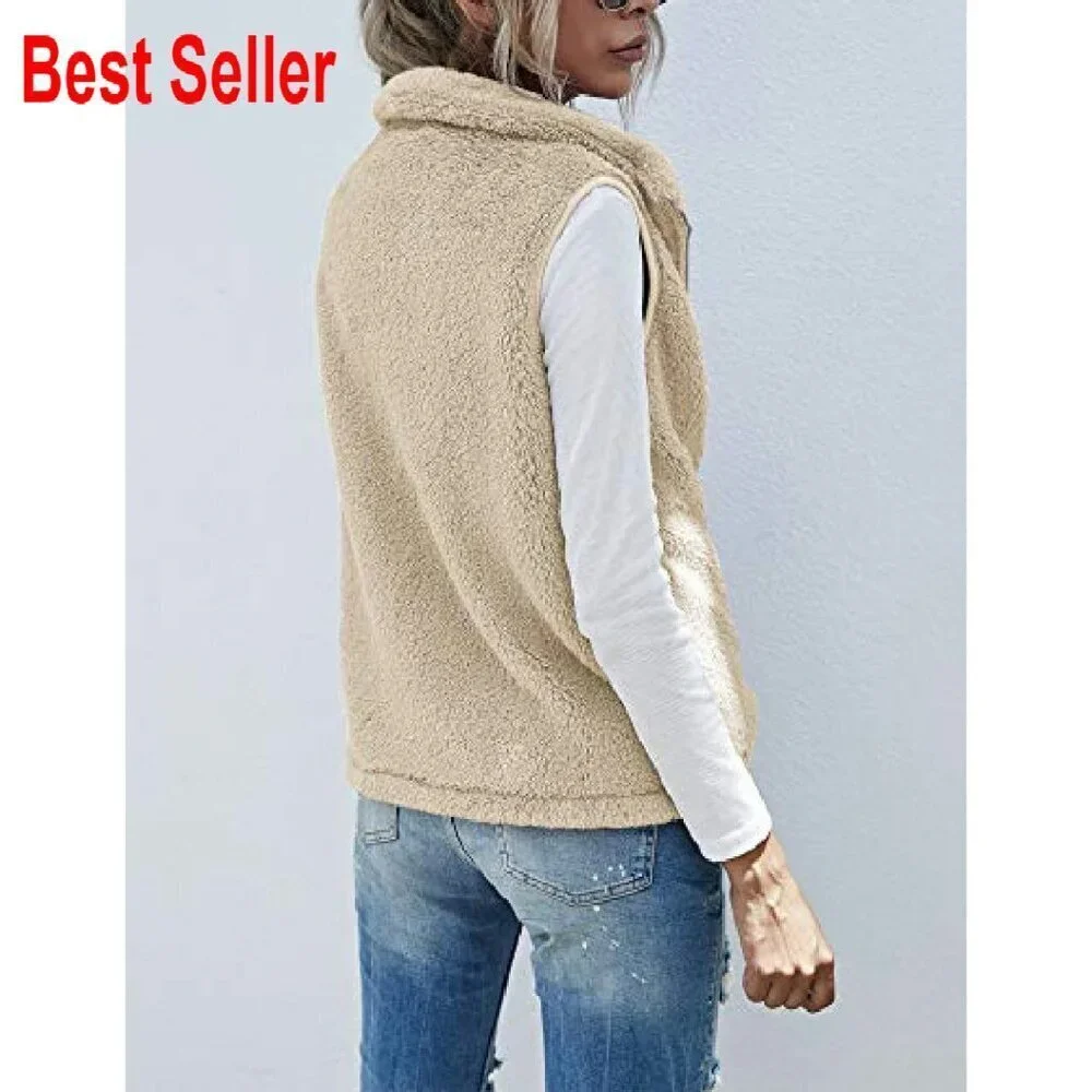 Fuzzy Sherpa Fleece Vest Cozy Sleeveless Cardigan Zipper Waistcoat Outerwear